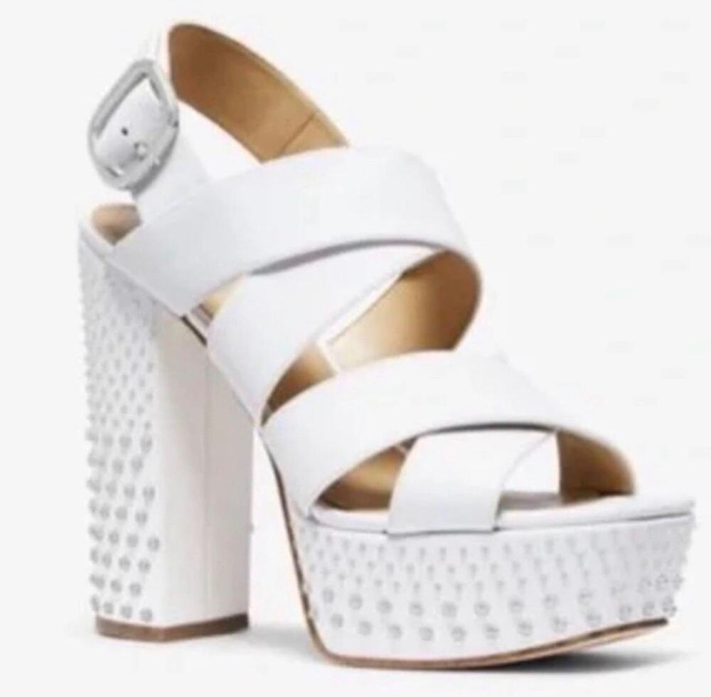 Michael Kors Mila Studded Leather Platform Sandals in Optic White Women's Size 8